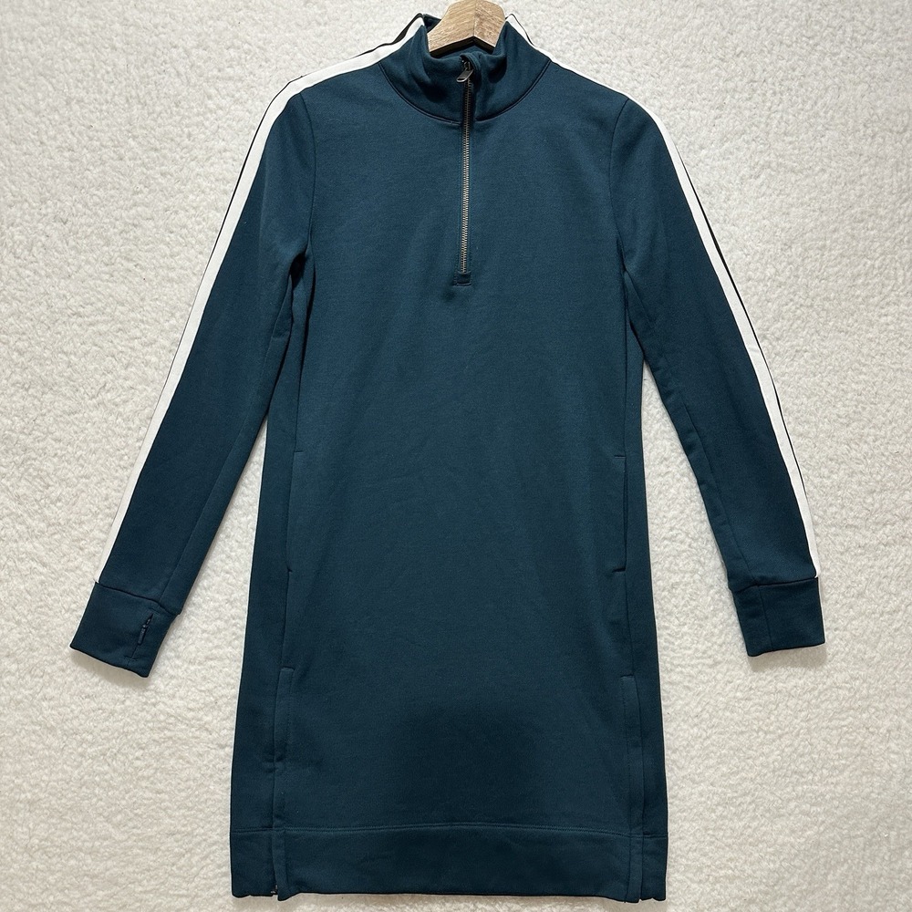 Athleta Crosstown Track Dress 1/4 Zip Long Sleeve Stripes Women's Size XS Green‎
